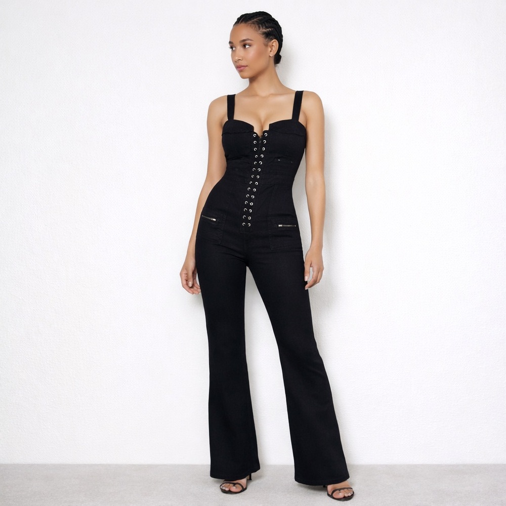 NWT Good American Black Denim Corset Utility Jumpsuit Wide Leg Size S